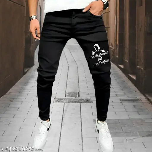 Black printed pants with a logo on the leg