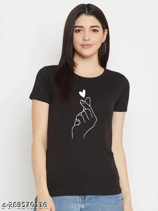 Black 100 Cotton T-shirt with hand & heart print, round neck, half sleeves
