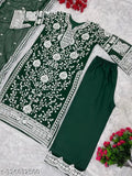 Green georgette top with palazzo suit and dupatta, heavy chine stitch embroidery, soft butter silk bottom, Indian origin