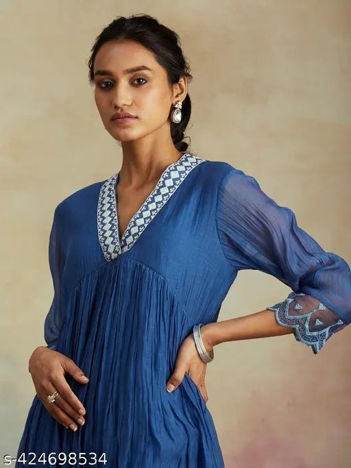 Viscose silk and organza Kurta Dupatta set, three-quarter sleeve, Indian embroidered silken bottomwear with matching dupatta for women in sizes S-XXL