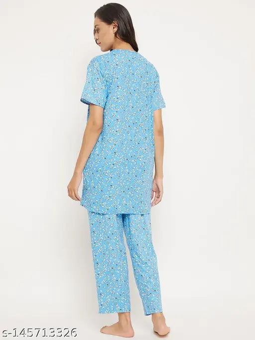Viscose printed short sleeve top and pyjama pants set, soft and comfortable high waist round collarless night suit for women, ideal for casual or home wear, designed for all seasons in India
