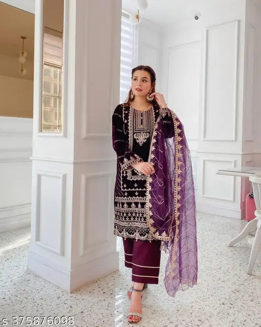 Cotton-silk Viscos velvet embroidered work suit with dupatta and bottomwear, three-quarter sleeves, Indian craftsmanship