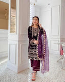 Cotton-silk Viscos velvet embroidered work suit with dupatta and bottomwear, three-quarter sleeves, Indian craftsmanship