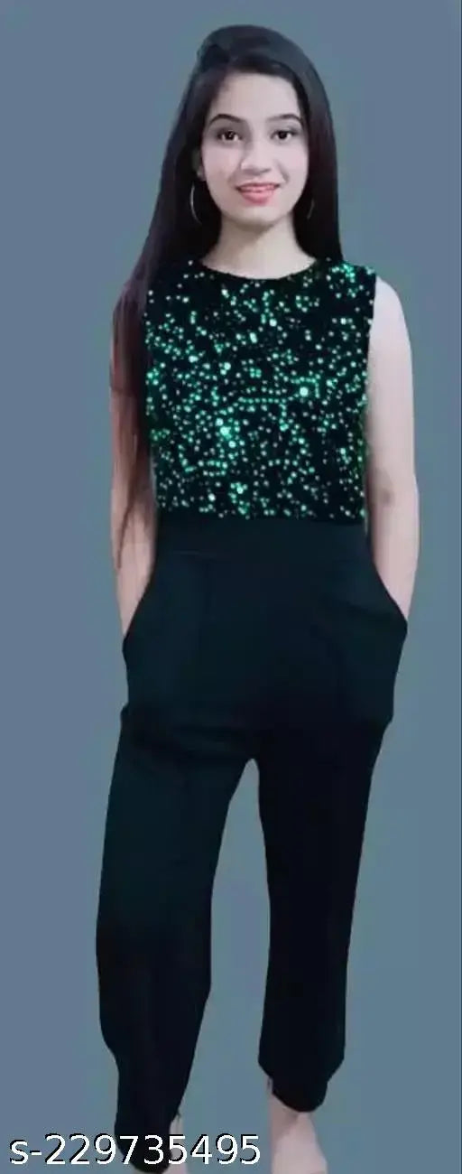 Green Lycra sleeveless embellished net jumpsuit with soft imported sequins, perfect for trendy and stylish women & girls. Comfort fit, graceful look. Made in India