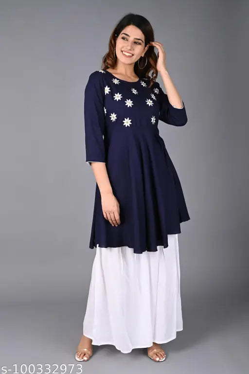 Blue rayon embroidered kurta with sharara set, women's traditional Indian attire