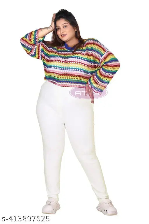 Plus size denim jeggings in solid white. Stretchable full-length Fitwings jeans with high rise and elastic waistband, available in sizes 5XL to 10XL. Indian-made premium quality denim Lycra jeggings for women