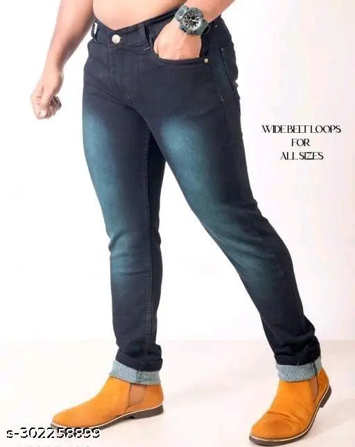 Stretchable mens blue denim jeans with elastic waistband