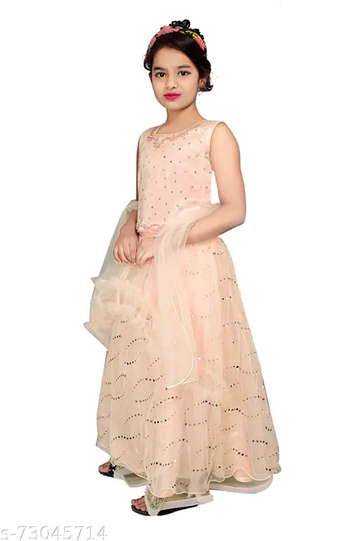 Peach satin party dress, short sleeve, fitted waist, long skirt, decorative border