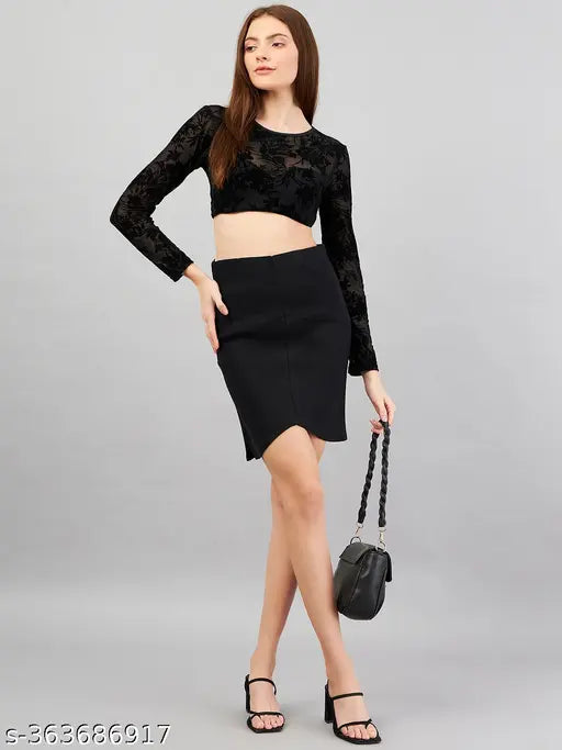 Black pencil skirt, mid-length, cropped design