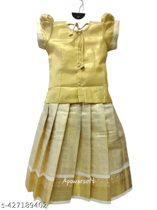 Art Silk Net Kid's Pattu Paavadai Set: Traditional Top & Skirt from Kerala, India