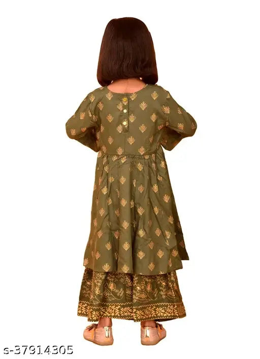 Olive green printed rayon Boys Kurta Sharara Set - trendy and soft touch for kids aged 3-14 years