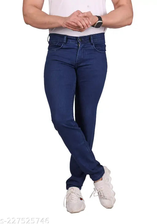 Rigbone men's solid dark blue denim jeans, slim comfort fit pant in various sizes (30-40), made in India