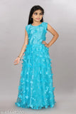 Aqua blue net frock for girls (2-12 years), embellished with butterflies, sleeveless design