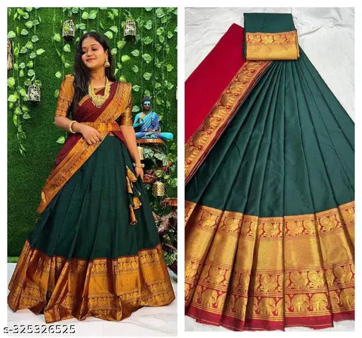 Traditional Kanjivaram Silk Lehenga Set with Blouse, heavy zari jari work. Indian handcrafted silk party wear for women" (124 characters)