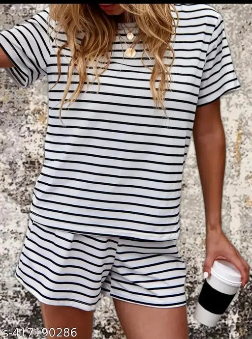 White and black striped cotton blend night suit for women, comfortable sleepwear with a stylish design