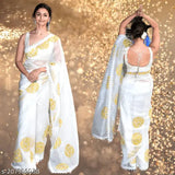 White Georgette saree with mirror work embroidery, Banarasi silk blouse, Alia Bhatt design, free size