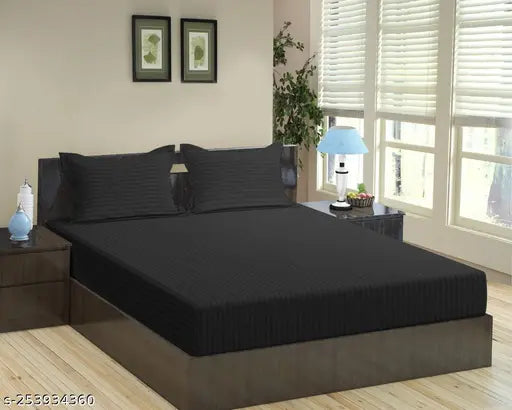Cotton elastic striped bedsheets, double size with 2 pillow covers, 180 TC supersoft for 78x72+10 mattress