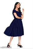 Navy Blue Rayon Flared Kurti for Women - Solid print on elegant, cinching waist, flaring skirt design, perfect for casual parties or office wear. Made in India