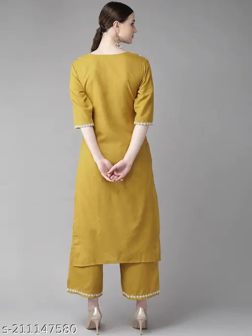 Women's heavy rayon lace border Kurta pent set with palazzos, solid net, full stitched, ready-made Indian fashion