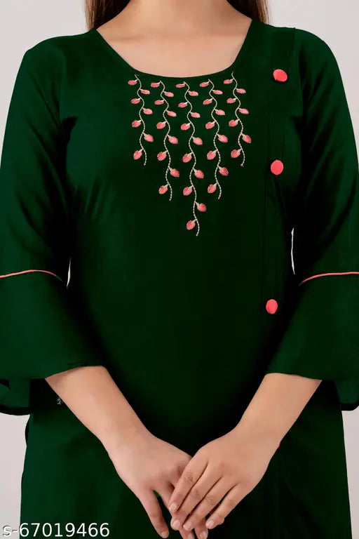 Bottle Green Rayon Kurti & Plazo set (SET) - Three-Quarter Sleeve, Embroidered Net, Wedding/Party/Festive wear from India