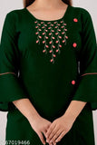 Bottle Green Rayon Kurti & Plazo set (SET) - Three-Quarter Sleeve, Embroidered Net, Wedding/Party/Festive wear from India