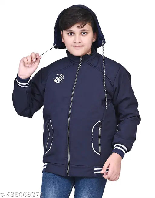 Solid black cotton-blend boys' jacket, printed net design, water-resistant exterior for outdoor adventures (N: 1)