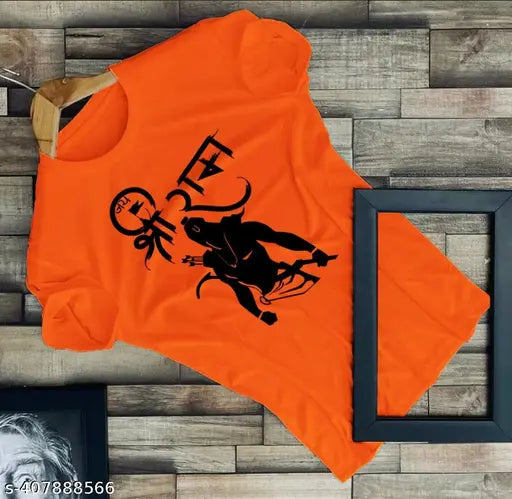 Orange cotton blend unisex polo t-shirt with Lord Shree Ram print, short sleeves