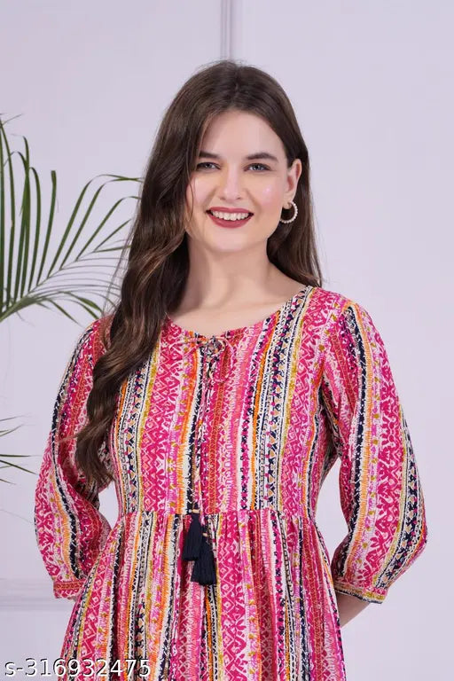 Woman's rayon multicolor kameez with long sleeves and crew neckline