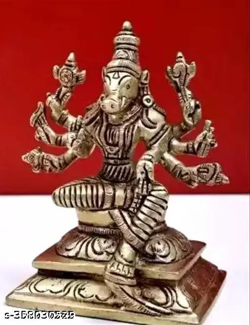 Brass 8-handed Varahi Amman statue, Lord Vishnu's Varaha Avatar idol, small Indian god figurine, 5x6 cm high