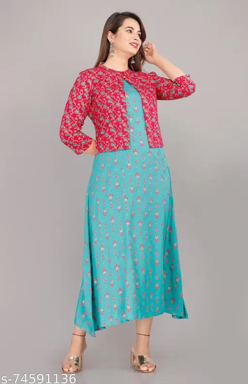 Women's rayon printed long kameez with pink jacket, matching flared skirt