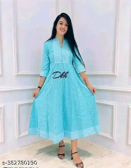 Light blue anarkali kurta, long length, woman wearing