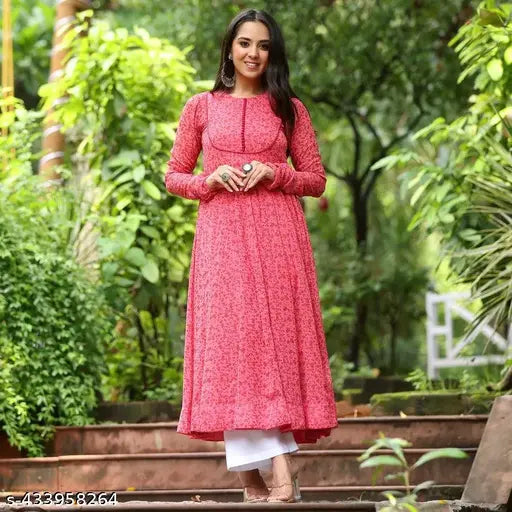 Floral printed maxi Georgette kurta with palazzos, long-sleeved ethnic gown for women, India origin