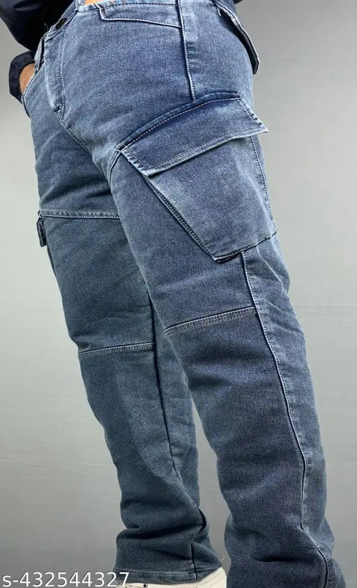 Light Blue baggy cargo Jeans for men - Solid denim, six-pocket design, ideal for everyday wear or rugged activities, size 28/30/32, India origin