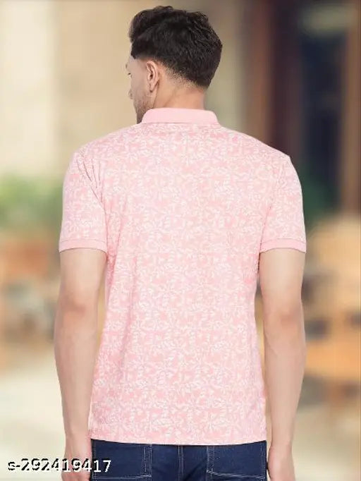 Wild West Men's Pink Cotton Blend Short Sleeve Polo Neck All-Over Printed T-Shirt, stylish and trendy for Summer parties or casual wear