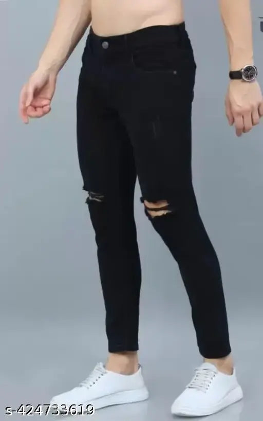 Stylish and comfortable black denim knee-cut jean for men & boys, sleek and versatile fit perfect for casual or partywear. Size 26, 28, 30, 32 (waist 26/28/30/32, hip 30/32/34/36, length 39 in) - India origin