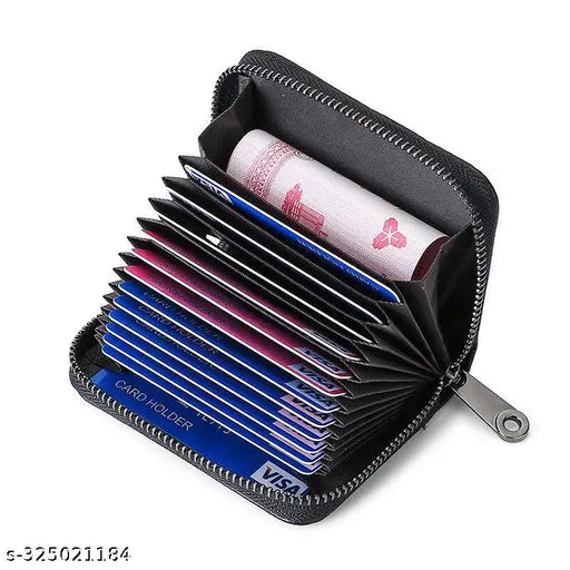 Light brown leather 9-slot credit card wallet, ideal for men and women, features zipper coin purse & measures 11.5 x 1.75 x 8 cm