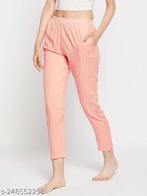 First Krush peach printed rayon cotton full length womens straight pyjama