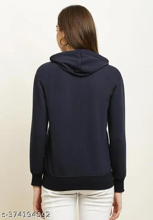 Navy blue fleece long-sleeve zipper hoodie for women, stylish and trendy fashion wear