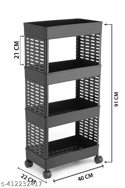 Black metal kitchen rack, 4 tier with wire shelves and wheels