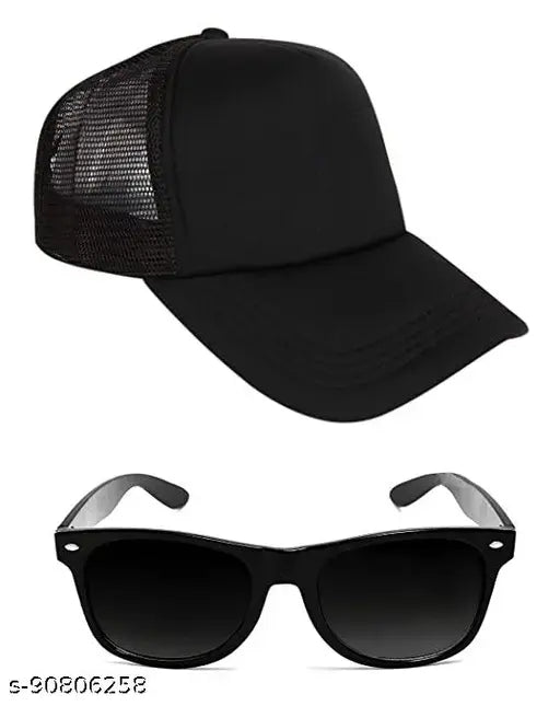 Black cotton baseball cap with half net design, includes black sunglasses for unisex adjustable strap style - Tekzie combo