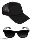 Black cotton baseball cap with half net design, includes black sunglasses for unisex adjustable strap style - Tekzie combo