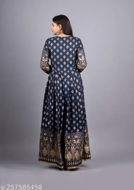 Blue rayon Anarkali long kurta with gold print and 3/4th sleeves