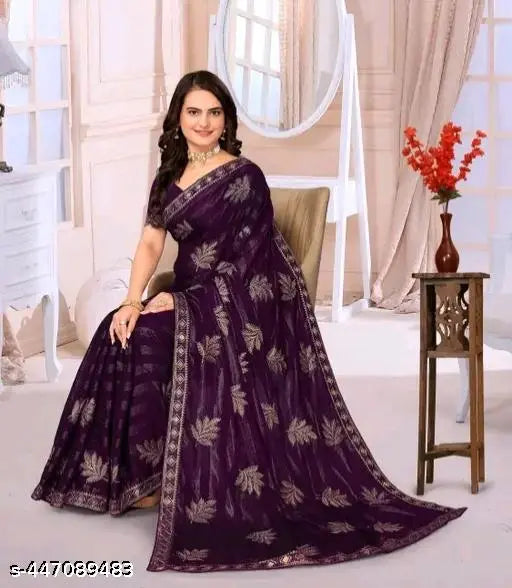 Purple embroidery on Georgette silk sari
