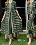 Bottle green rayon double layer kurti with gold foil print, three-quarter sleeves - Indian festive fashion
