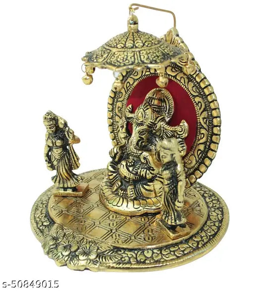 Golden metal Crafticia Sitting Lord Ganesh with Ridhi and Sidhi showpiece (16x14x20 cm)