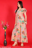 Georgette one-piece fancy women kurti with digital flower print, short sleeves, V-neck, big sizes available