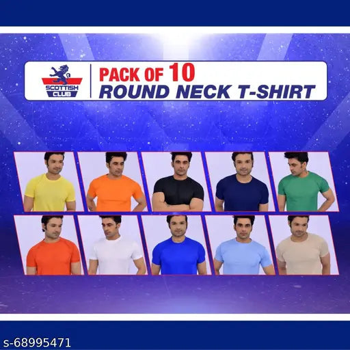 Pack of 10 solid polyester short sleeve t-shirts, assorted sizes for unisex fashion