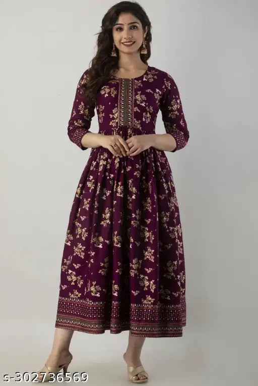 Women's purple rayon anarkali kurti with printed details, long sleeves