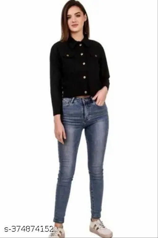 Denim Plan black jacket, solid pattern, short sleeves, size S (34in bust, 18in length)