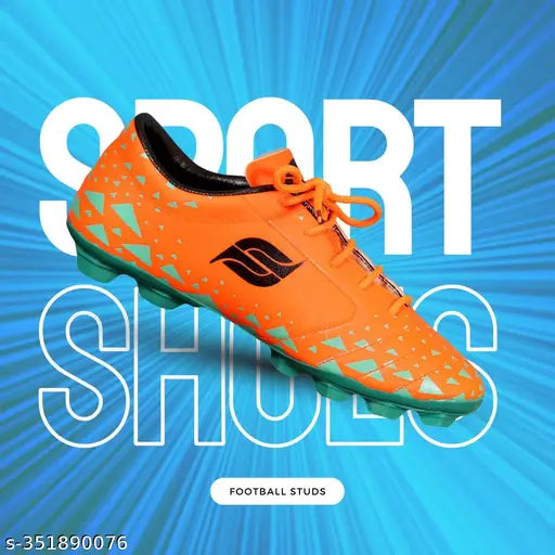 Orange PVC football shoes for boys - lightweight, water-resistant, and EVA sole. Ideal for ground and turf play with lace-up fastening, printed net pattern, and durability from heel area. Available in various sizes. Made in India